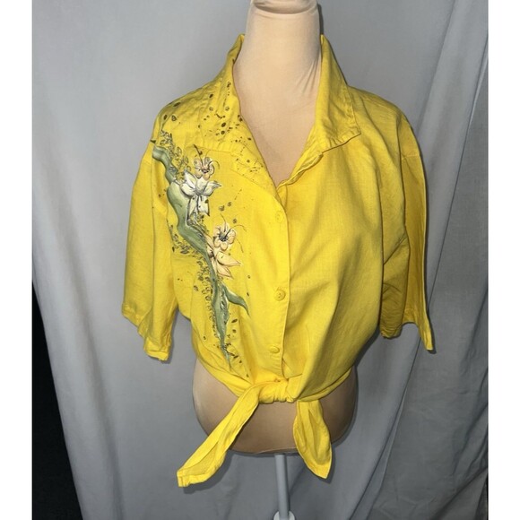 Vintage 80's  Hari tie front floral painted blouse, gathered back medium - Picture 1 of 7